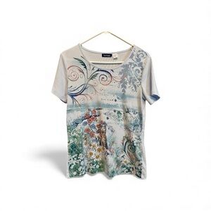 Basic Editions Y2K Style Whimsical Cat Print Blue Floral Tee Size Medium